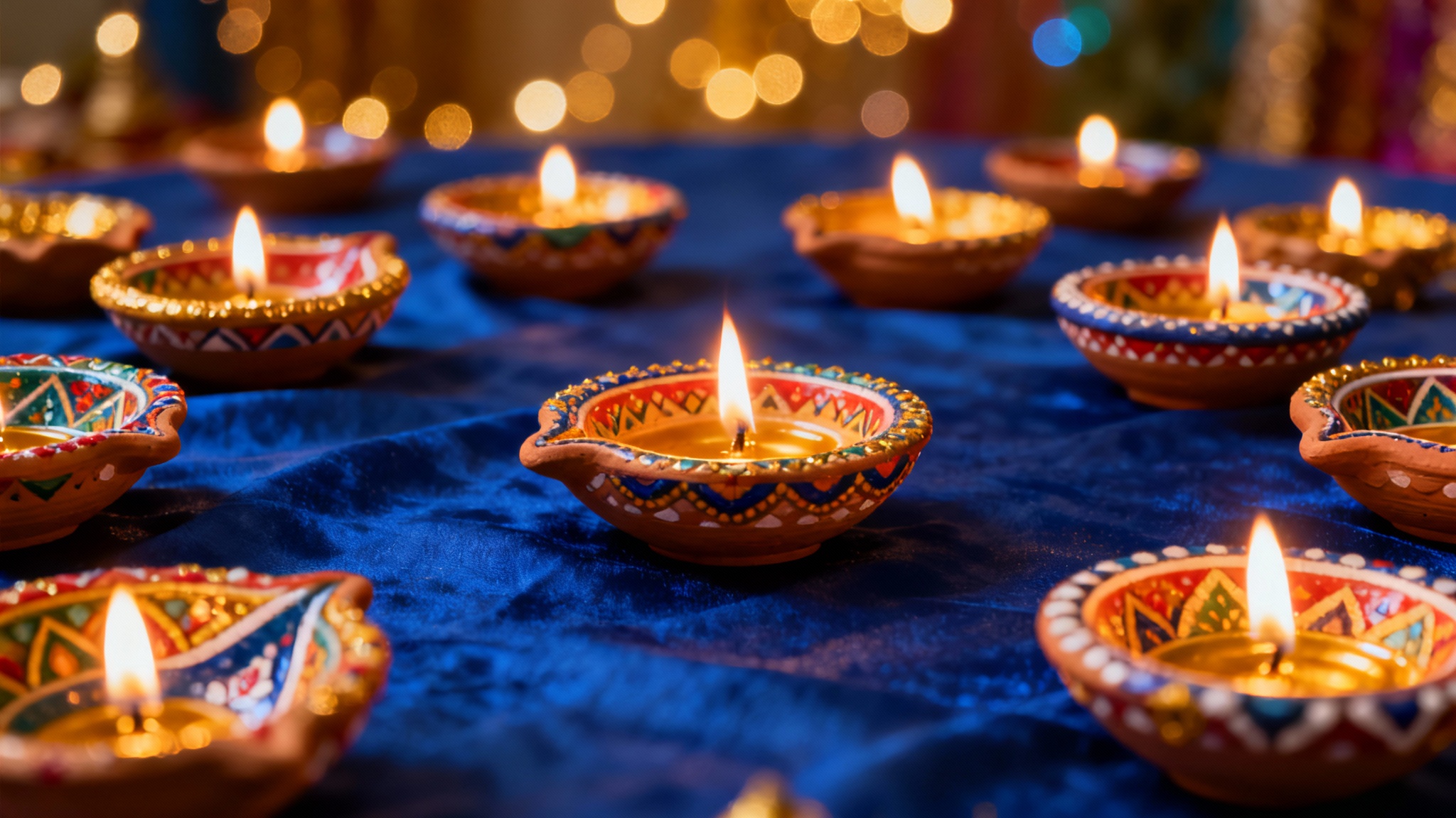 A festive background image showing numerous colorful, intricately designed diyas lit with warm flames, arranged on a deep blue surface.