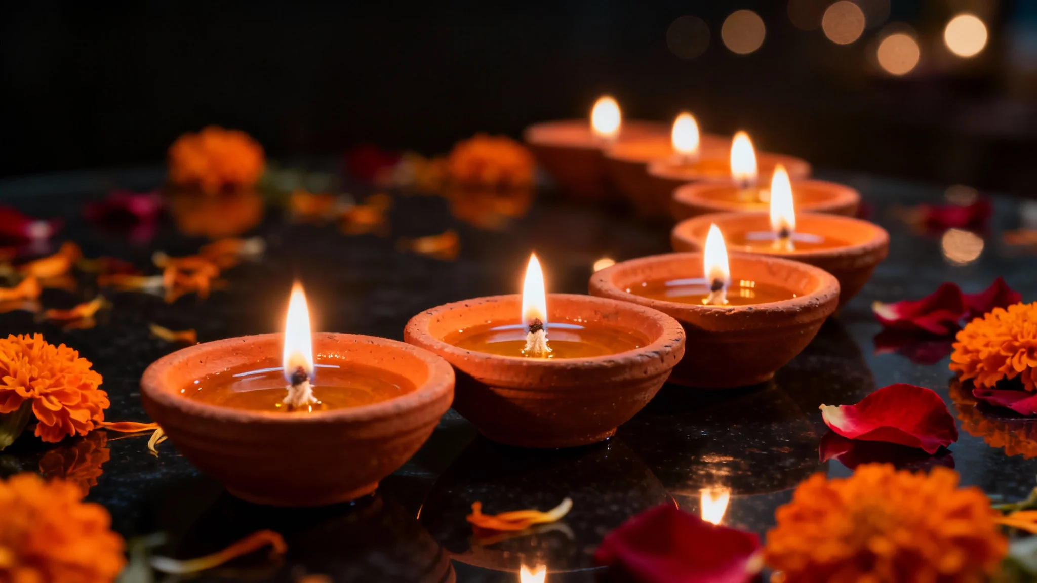 A close-up photograph of several lit terracotta diyas arranged in a curve on a dark surface, surrounded by marigold and rose petals, creating a warm and festive atmosphere.