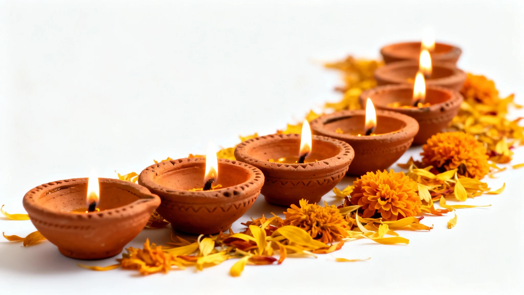 A close-up photograph of several lit clay diya lamps arranged in a curve and surrounded by flower petals, isolated on a white background.