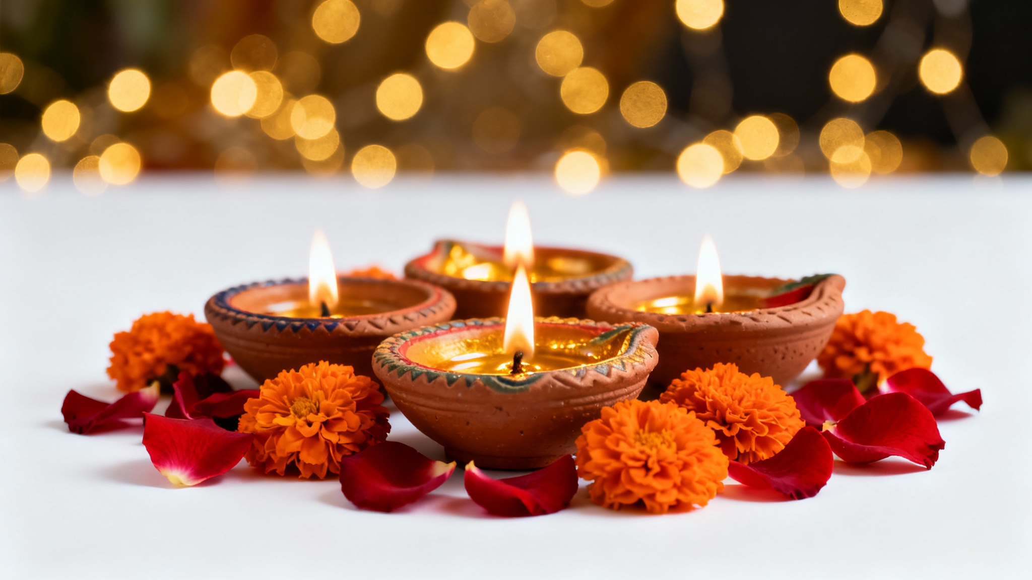 A festive arrangement of lit traditional clay oil lamps (diyas) surrounded by marigold and rose petals, set against a dark bokeh background, presented on a clean white backdrop.