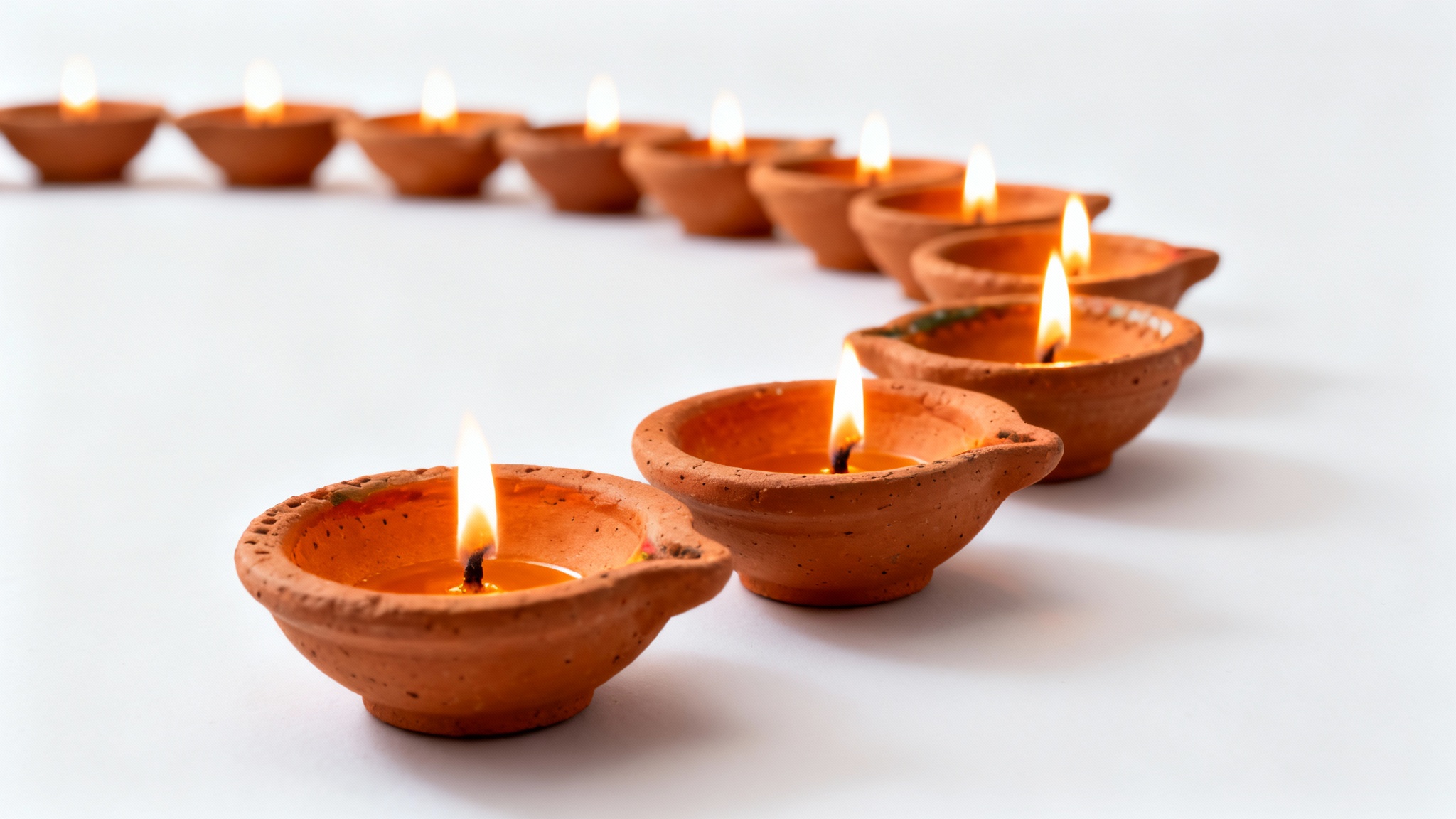 A beautiful arrangement of lit traditional Indian clay oil lamps (diyas) with glowing flames, shot against a clean, minimalist white background.