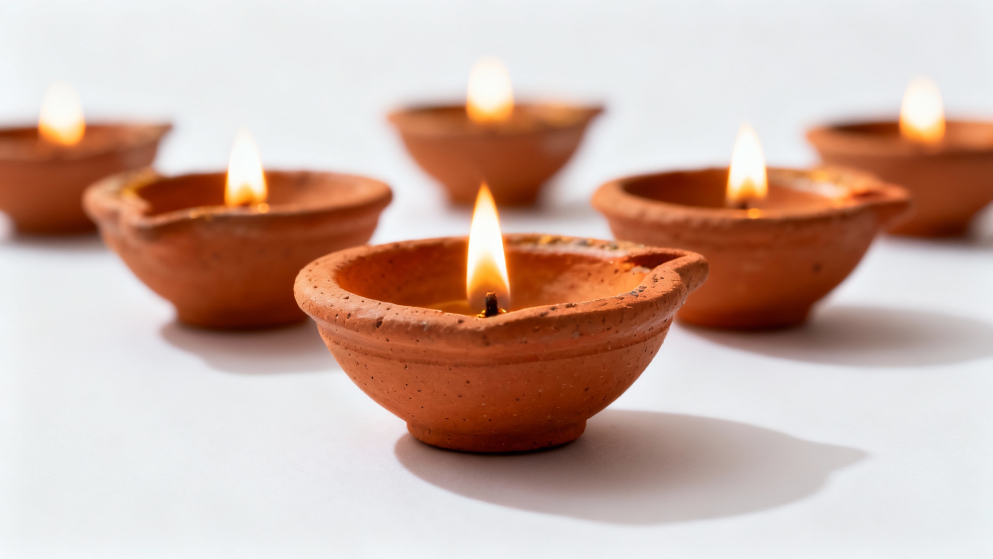 A beautiful arrangement of lit traditional clay diyas on a white background, with their flames casting a warm, golden glow. The foreground is in sharp focus, while the background is softly blurred.