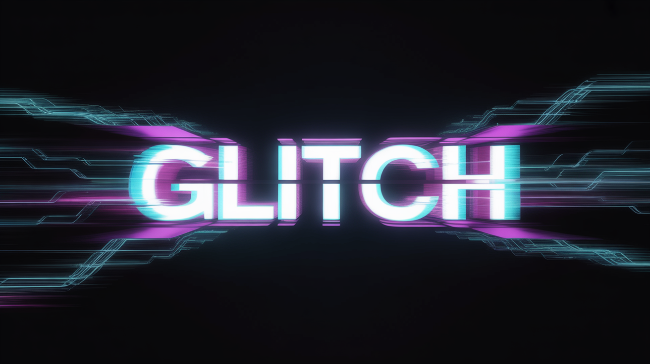 The word GLITCH rendered in a bold, futuristic font with a colorful and dramatic digital glitch distortion effect, set against a dark background.