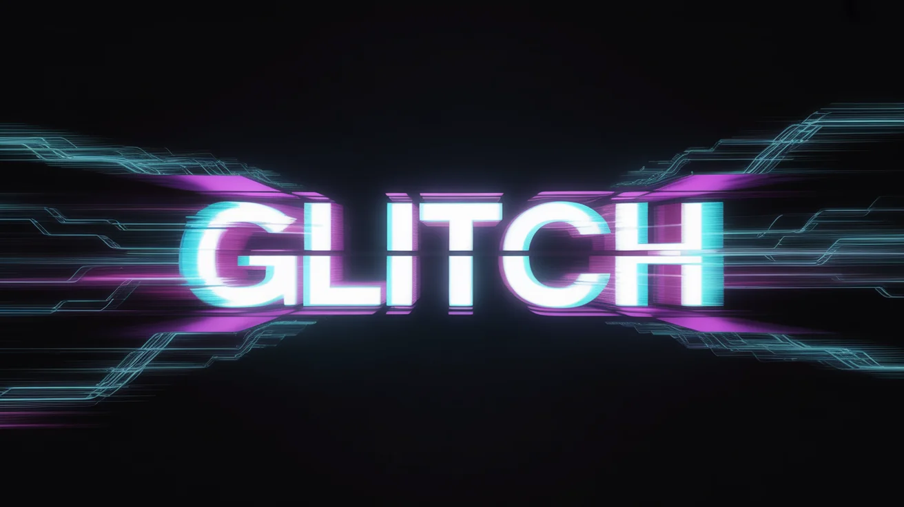 The word GLITCH rendered in a bold, futuristic font with a colorful and dramatic digital glitch distortion effect, set against a dark background.