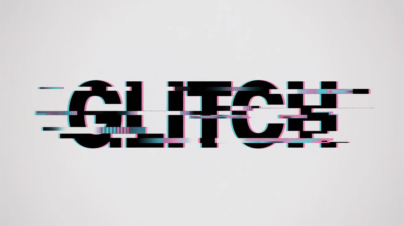 The word 'GLITCH' rendered in a bold, artistic font with a heavy digital distortion effect. The letters are fractured and offset with vibrant pink and blue colors, creating a chaotic and stylish look against a clean white background.