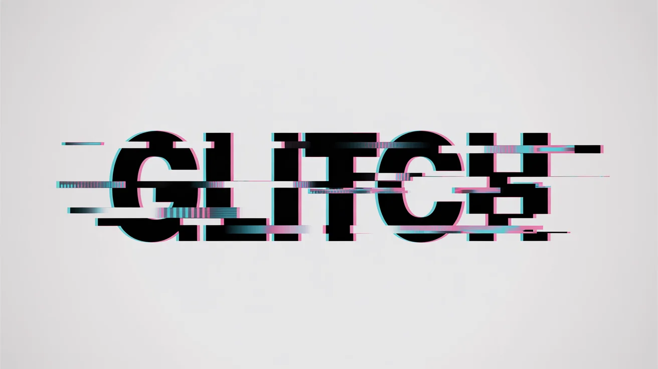 The word 'GLITCH' rendered in a bold, artistic font with a heavy digital distortion effect. The letters are fractured and offset with vibrant pink and blue colors, creating a chaotic and stylish look against a clean white background.