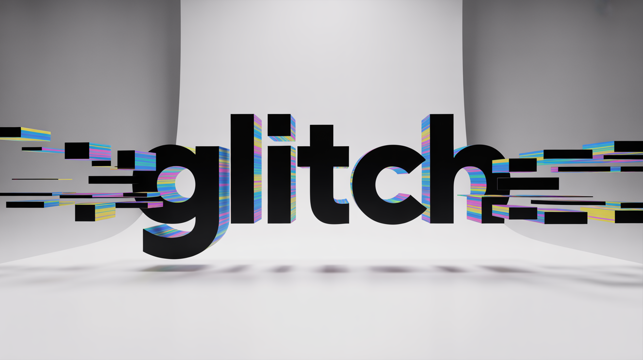 The word 'GLITCH' is rendered in bold 3D letters against a white background, heavily distorted with digital effects like color splitting and pixelation.