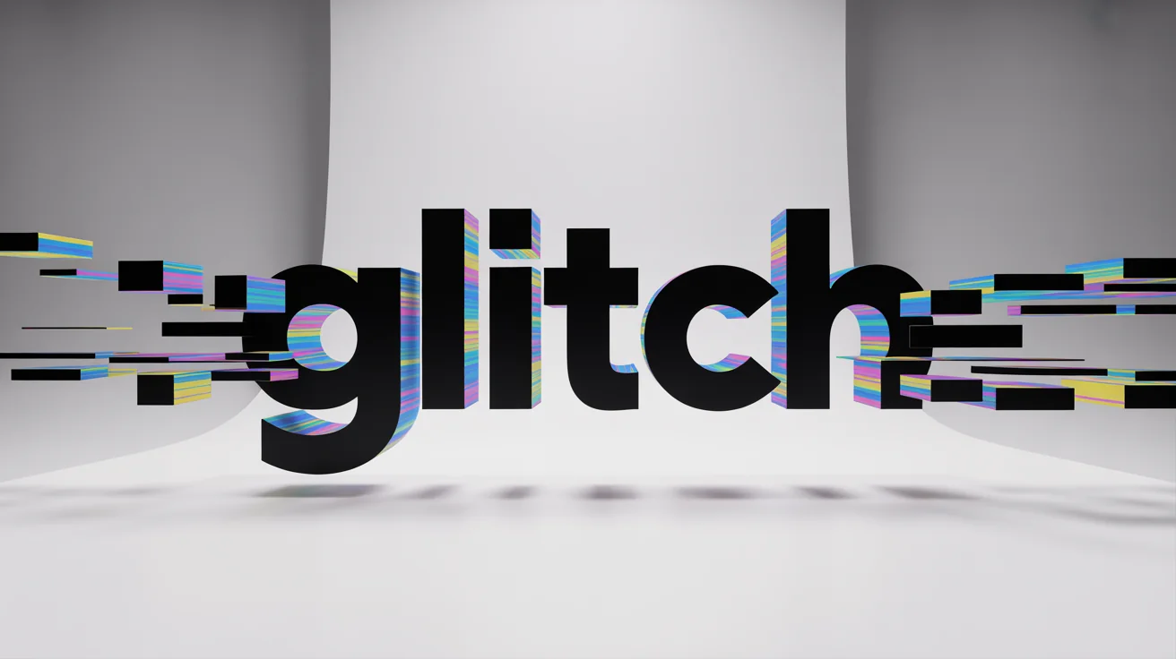 The word 'GLITCH' is rendered in bold 3D letters against a white background, heavily distorted with digital effects like color splitting and pixelation.