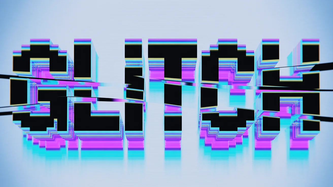 A stylized mockup of the word "GLITCH" shown with heavy digital distortion effects, including color separation and pixelation, on a stark white background.