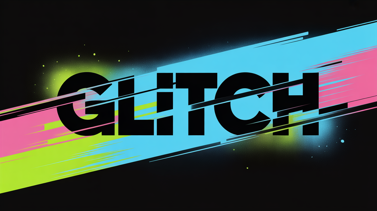 The word 'GLITCH' is displayed in a bold font with a colorful digital distortion effect, featuring neon pink, blue, and green hues, set against a plain white background.