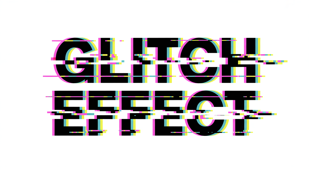 The words 'GLITCH EFFECT' rendered with a vibrant, colorful digital glitch style, showing distorted letters, chromatic aberration, and scan lines, all on a clean white background.