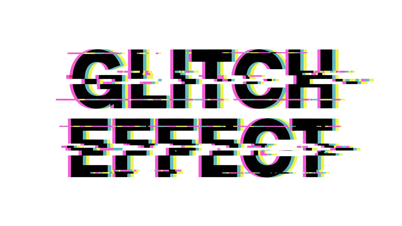 The words 'GLITCH EFFECT' rendered with a vibrant, colorful digital glitch style, showing distorted letters, chromatic aberration, and scan lines, all on a clean white background.
