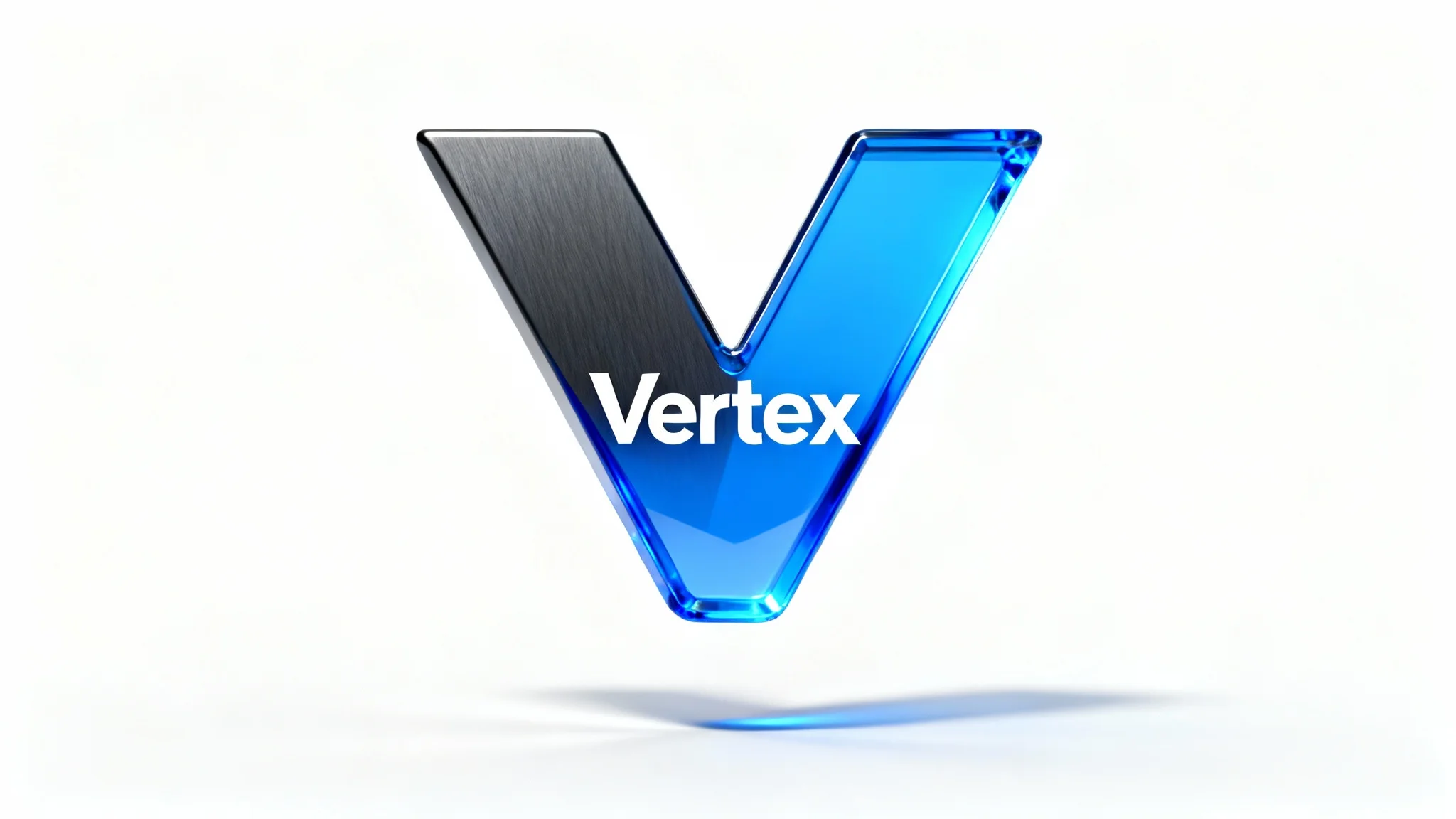 A photorealistic 3D render of a modern company logo, an abstract 'V' made of brushed metal and glowing blue acrylic, floating over a clean white background.