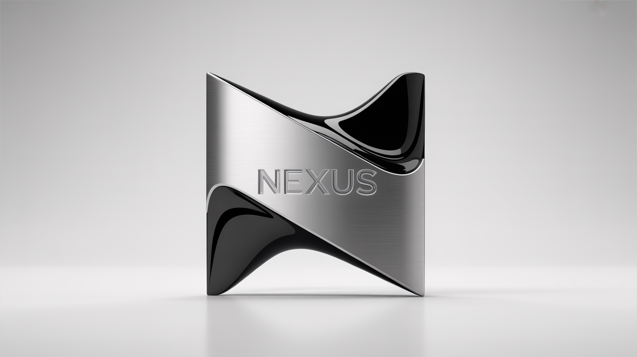 A modern 3D logo for the fictional brand 'NEXUS', featuring a geometric design in brushed chrome and glossy black, set against a stark white background to highlight its depth and professional finish.