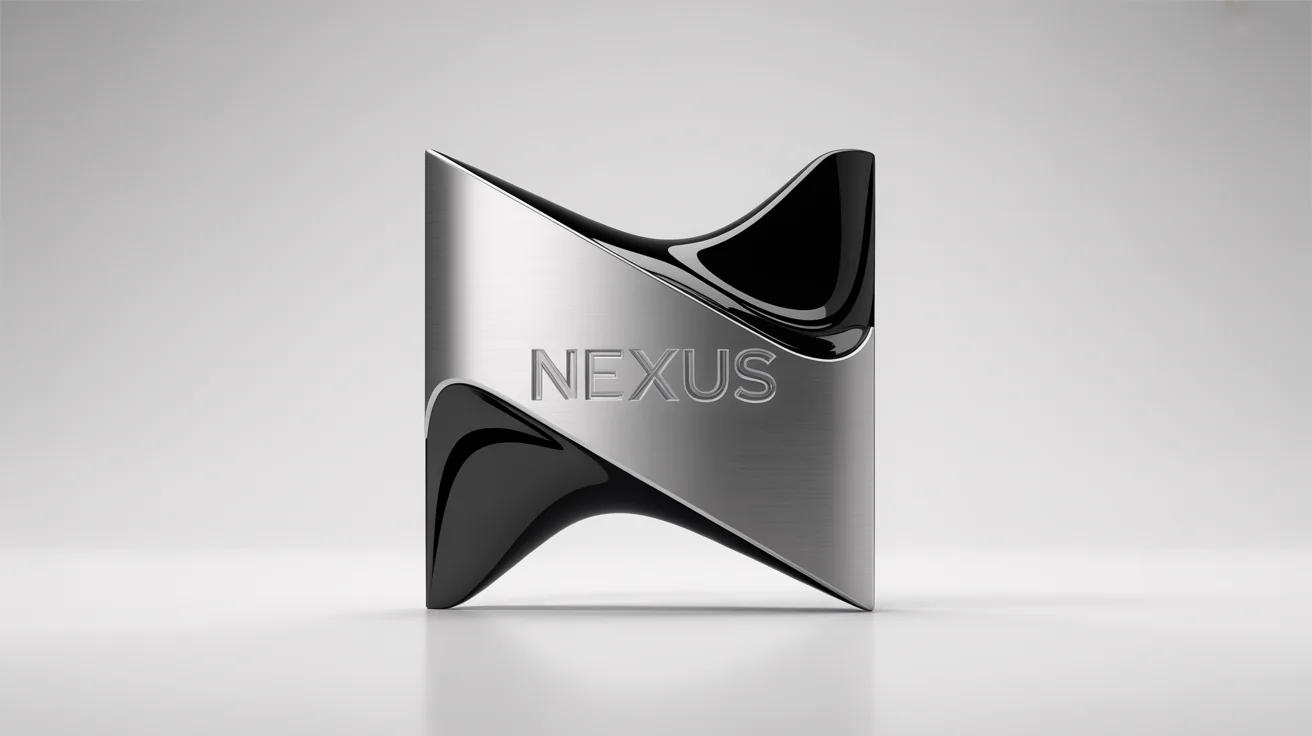 A modern 3D logo for the fictional brand 'NEXUS', featuring a geometric design in brushed chrome and glossy black, set against a stark white background to highlight its depth and professional finish.