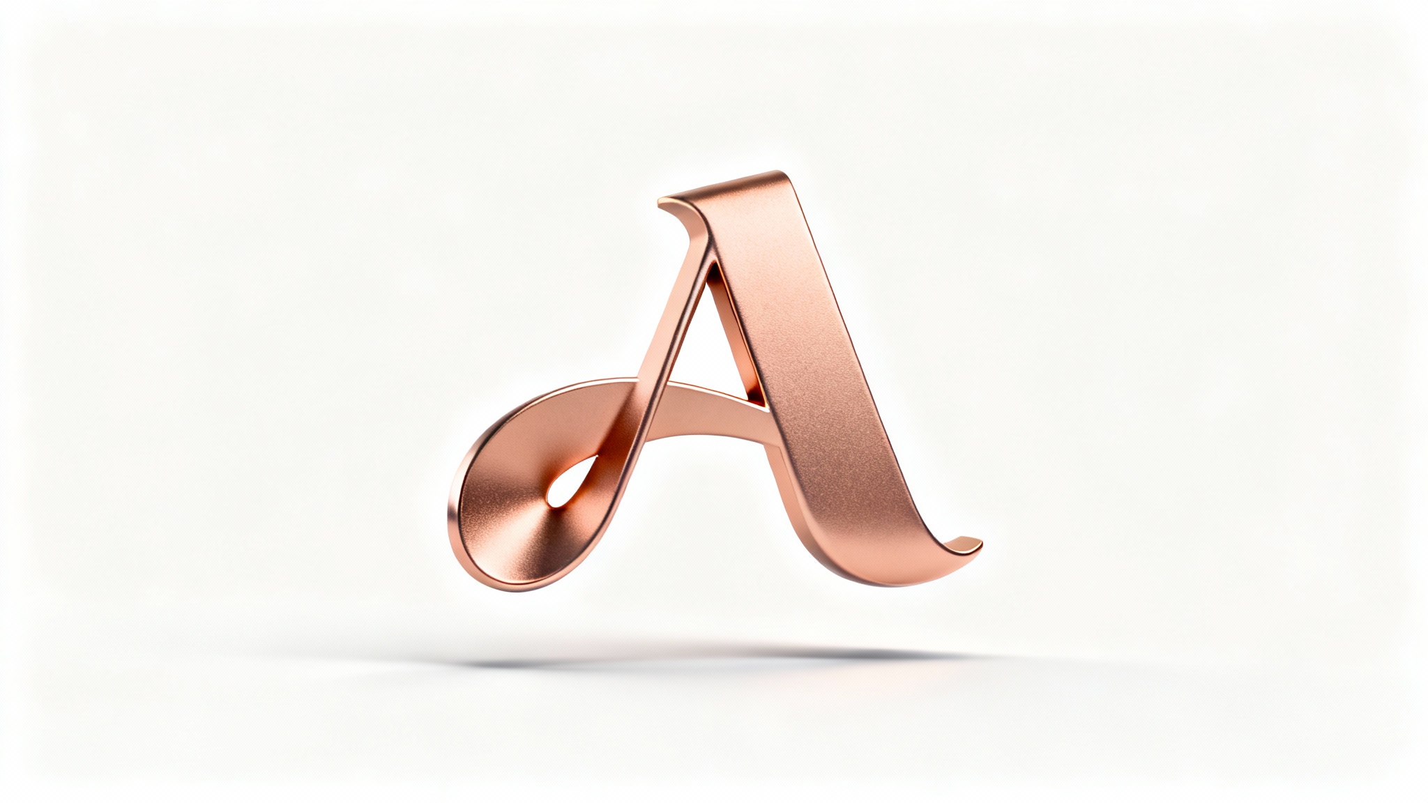 A photorealistic 3D mockup of a stylized 'A' logo in a matte rose gold finish, floating on a pure white background and casting a soft shadow.