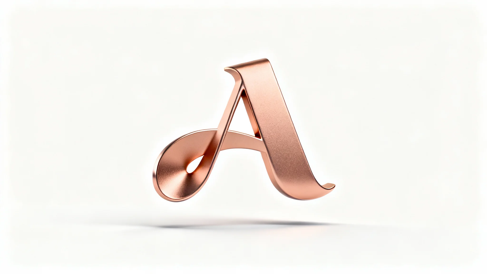 A photorealistic 3D mockup of a stylized 'A' logo in a matte rose gold finish, floating on a pure white background and casting a soft shadow.