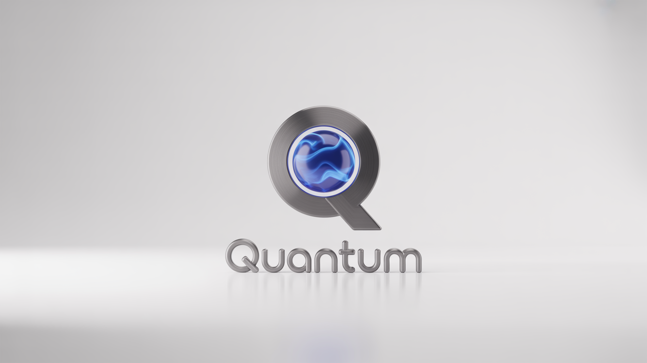 A hyper-realistic 3D logo mockup for a fictional company named 'Quantum', featuring a brushed metal letter 'Q' with a glowing blue sphere inside, set against a clean white background.