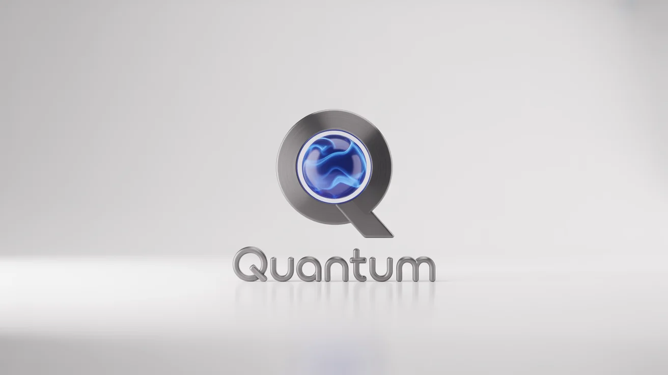 A hyper-realistic 3D logo mockup for a fictional company named 'Quantum', featuring a brushed metal letter 'Q' with a glowing blue sphere inside, set against a clean white background.
