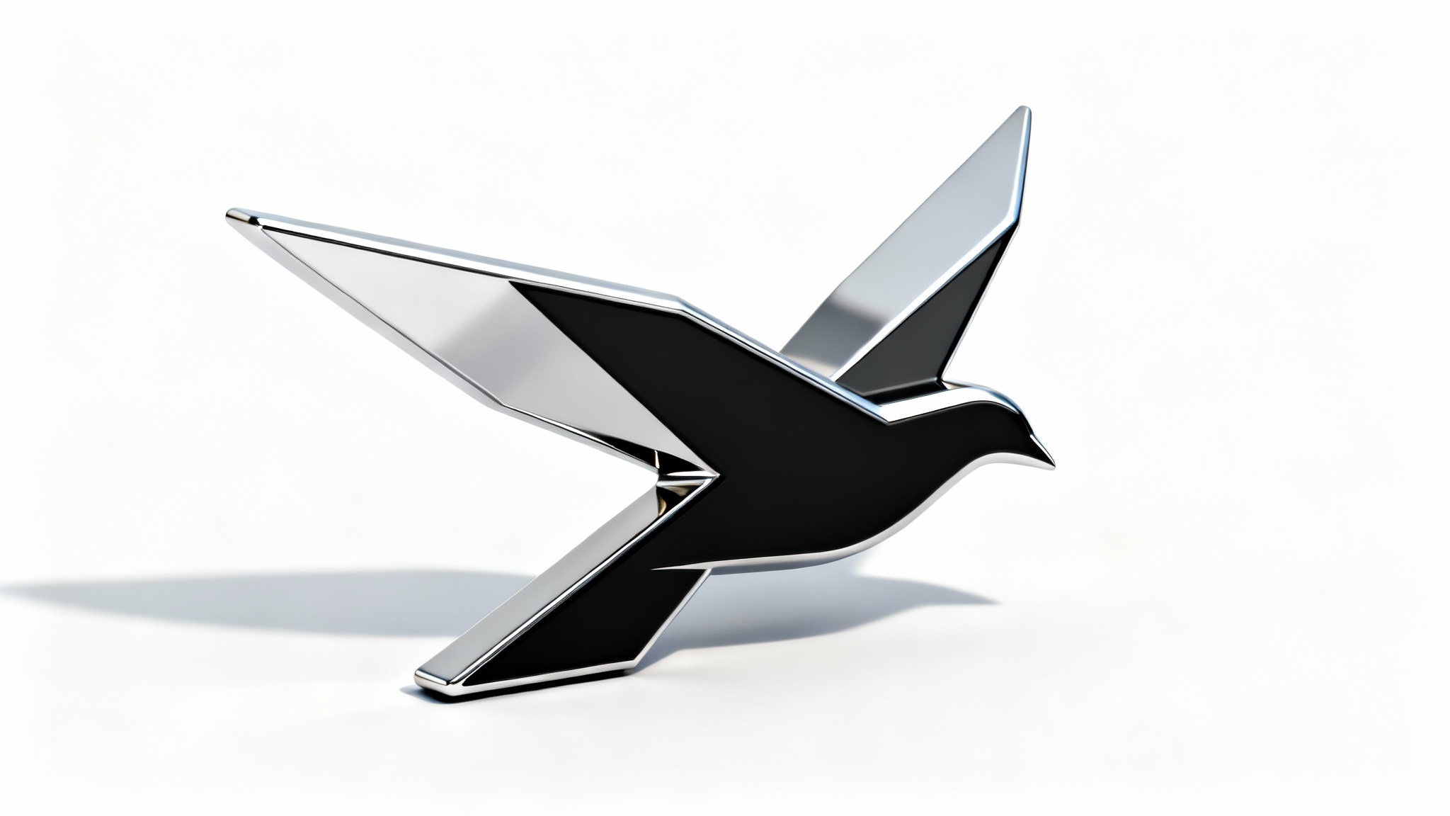 A photorealistic 3D render of a stylized bird logo, shown from an angle to highlight its depth and metallic texture against a clean white background.