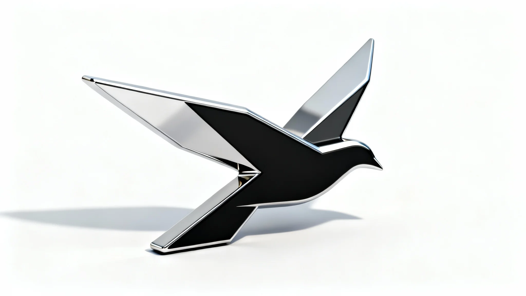 A photorealistic 3D render of a stylized bird logo, shown from an angle to highlight its depth and metallic texture against a clean white background.