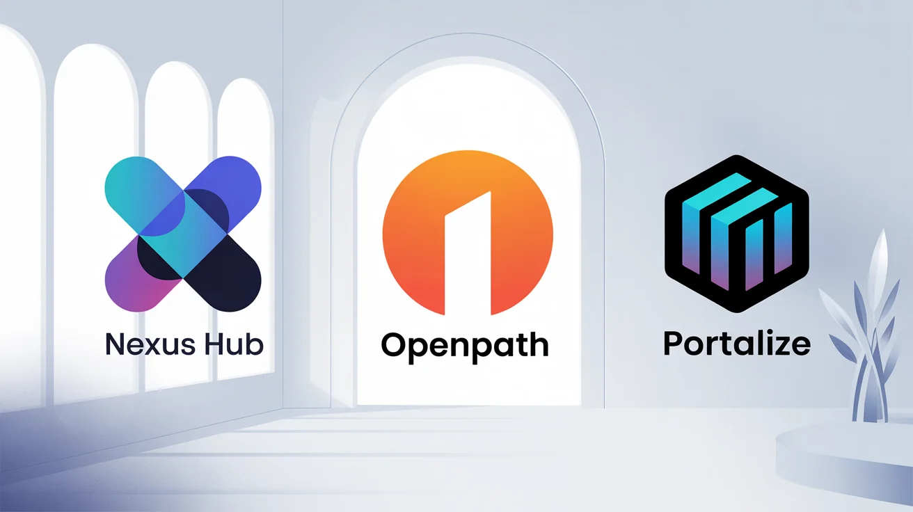 A professional showcase of three different portal-themed logos for fictional companies 'Nexus Hub', 'OpenPath', and 'Portalize', demonstrating logo design results.