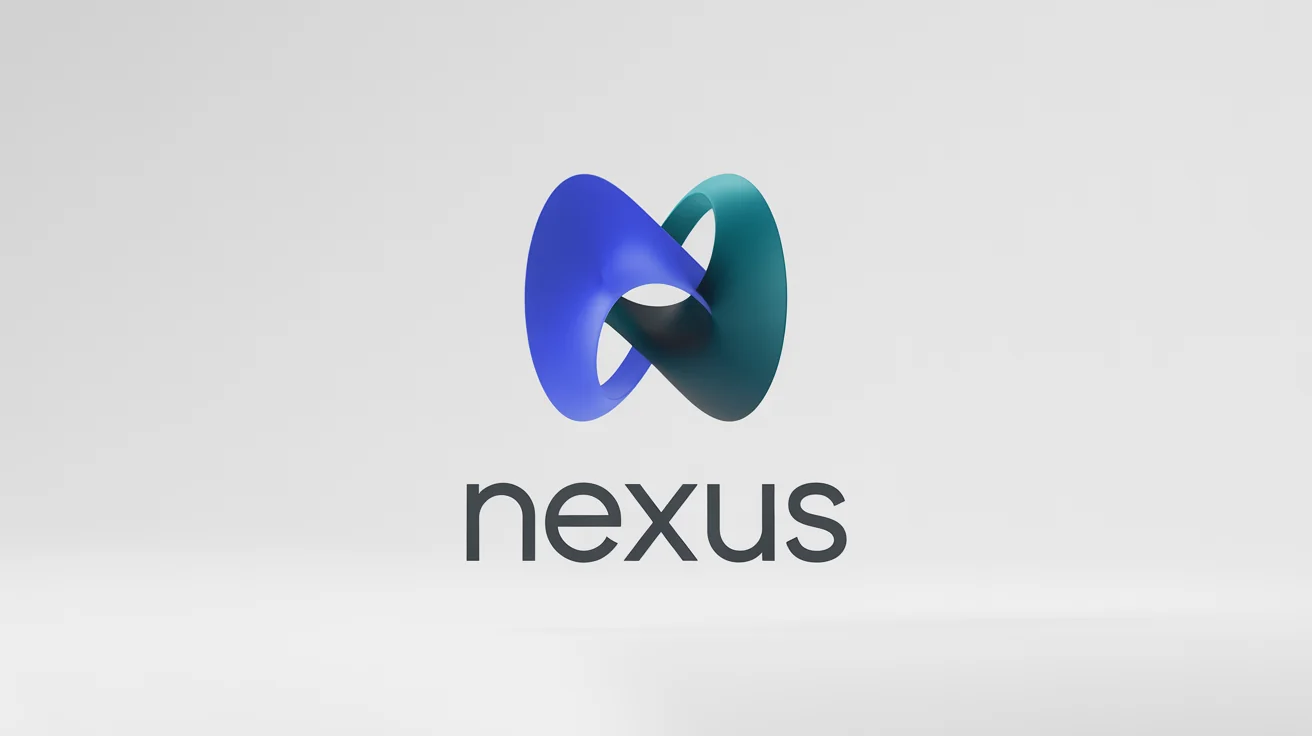 A modern 3D logo mockup for a tech company named 'Nexus'. The logo features two interlocking blue and teal arcs forming a portal shape, set against a clean white background.