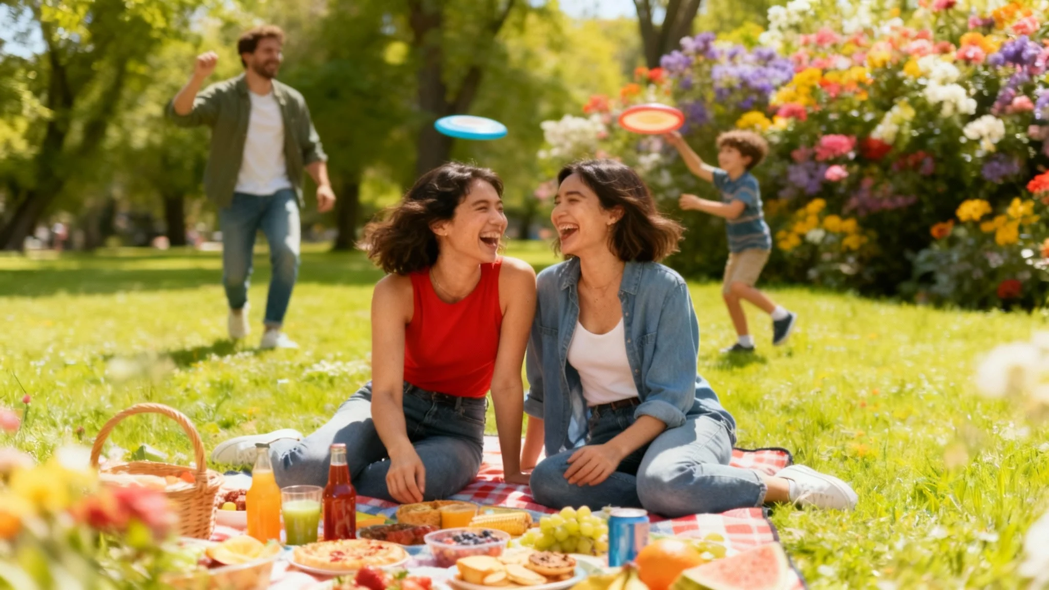 A beautiful, clean photograph of friends enjoying a picnic in a sunny park. The image is the final result after a date stamp has been removed, leaving no trace.