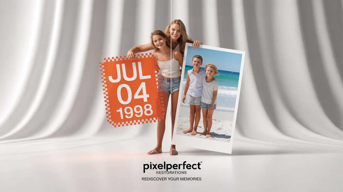 A before-and-after comparison image. The 'before' side shows a vintage family beach photo with an orange date stamp. The 'after' side shows the same photo with the date stamp cleanly removed.