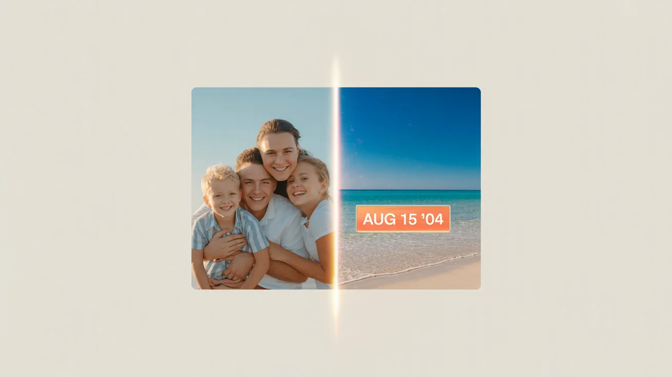 A before-and-after comparison of a family beach photo. The left side shows the photo with an orange date stamp from 2004, while the right side shows the same photo flawlessly restored with the date stamp removed.