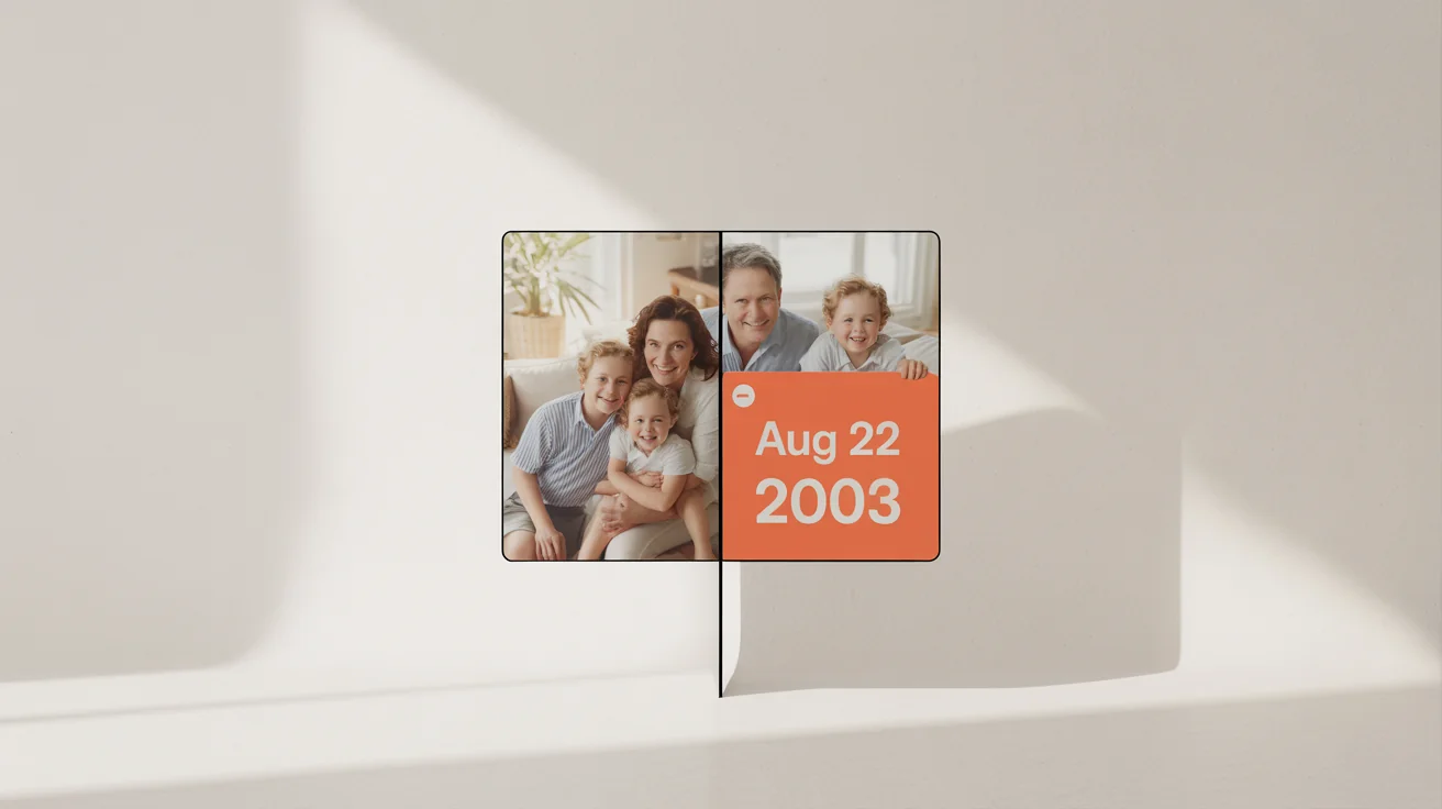 A before-and-after image demonstrating the removal of a date stamp from a family photograph. The left side shows the photo with the date, and the right side shows it perfectly clean.