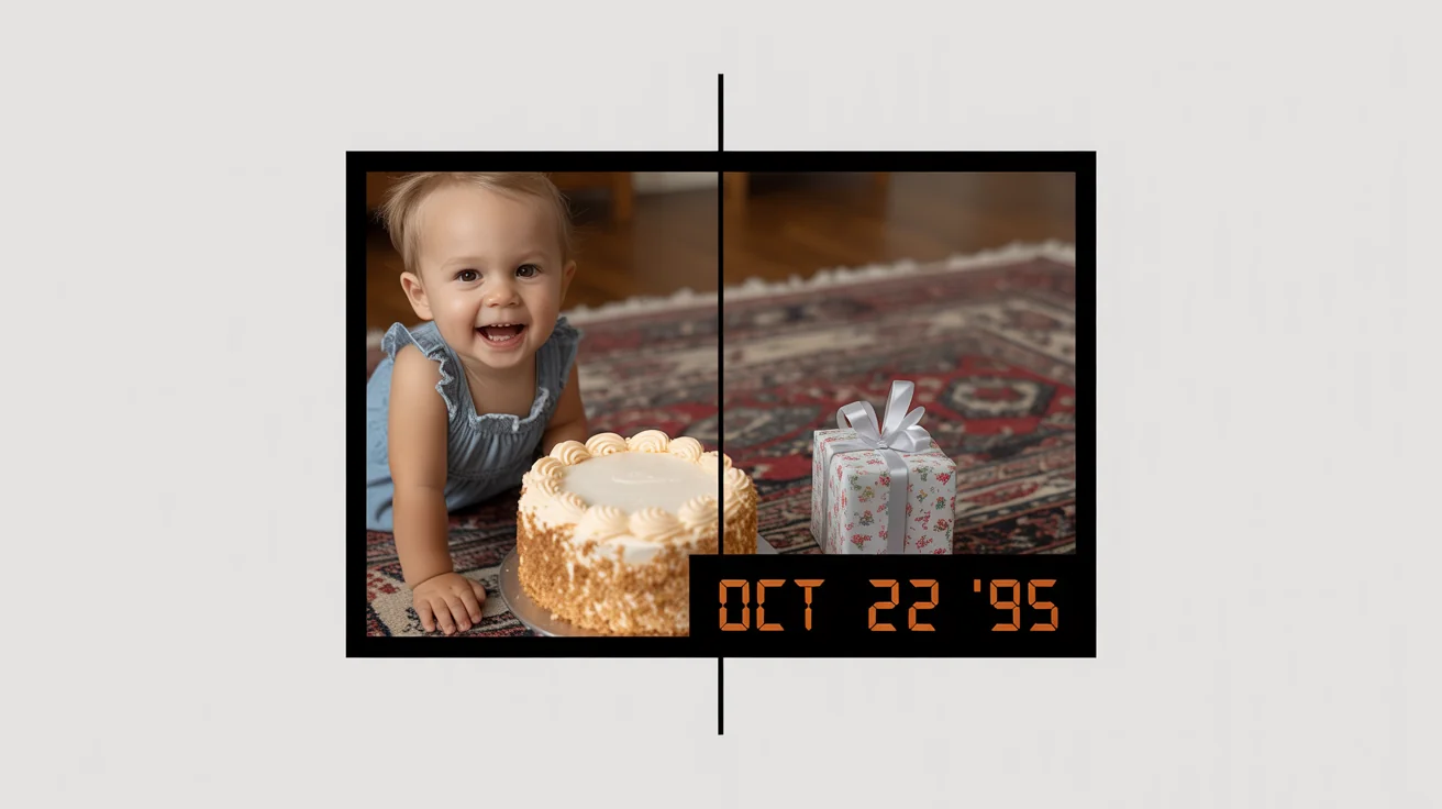 A before-and-after comparison of a 90s birthday photo. The left side has an orange date stamp, and the right side shows the same photo with the date stamp cleanly erased.