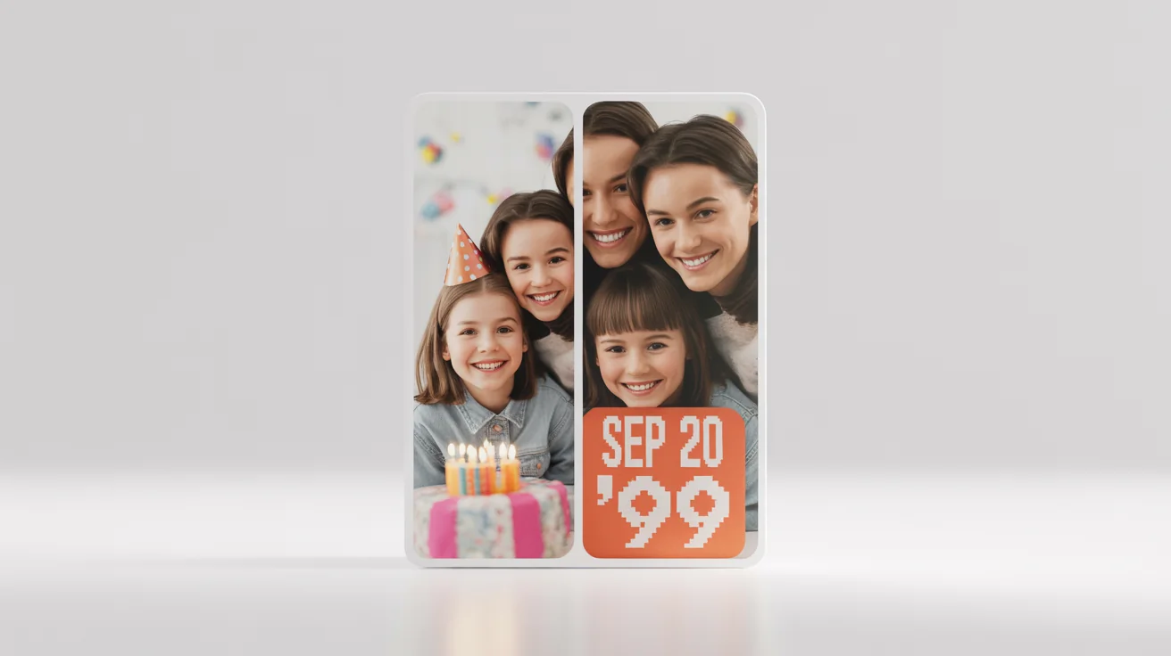 A before-and-after image demonstrating date stamp removal. The left half shows a vintage family photo with an orange date stamp, while the right half shows the same photo perfectly restored without the stamp.