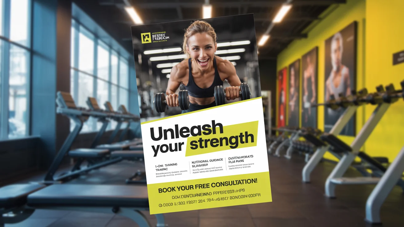 A finished, professionally designed personal trainer flyer featuring a photo of a fit trainer, with the headline 'Unleash Your Strength' and details about services and booking a consultation.