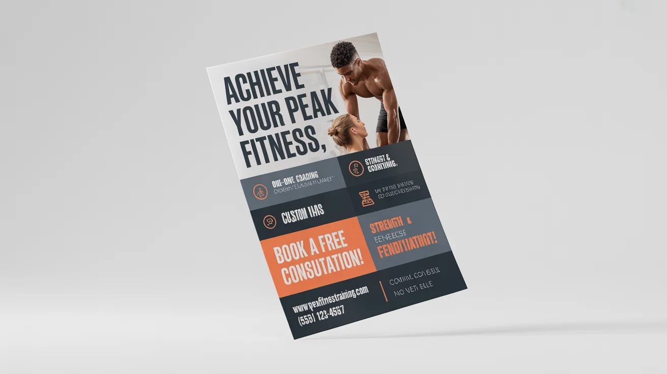 A professionally designed mockup of a personal trainer flyer featuring a male trainer, with the headline 'ACHIEVE YOUR PEAK FITNESS' and contact details, set against a plain white background.