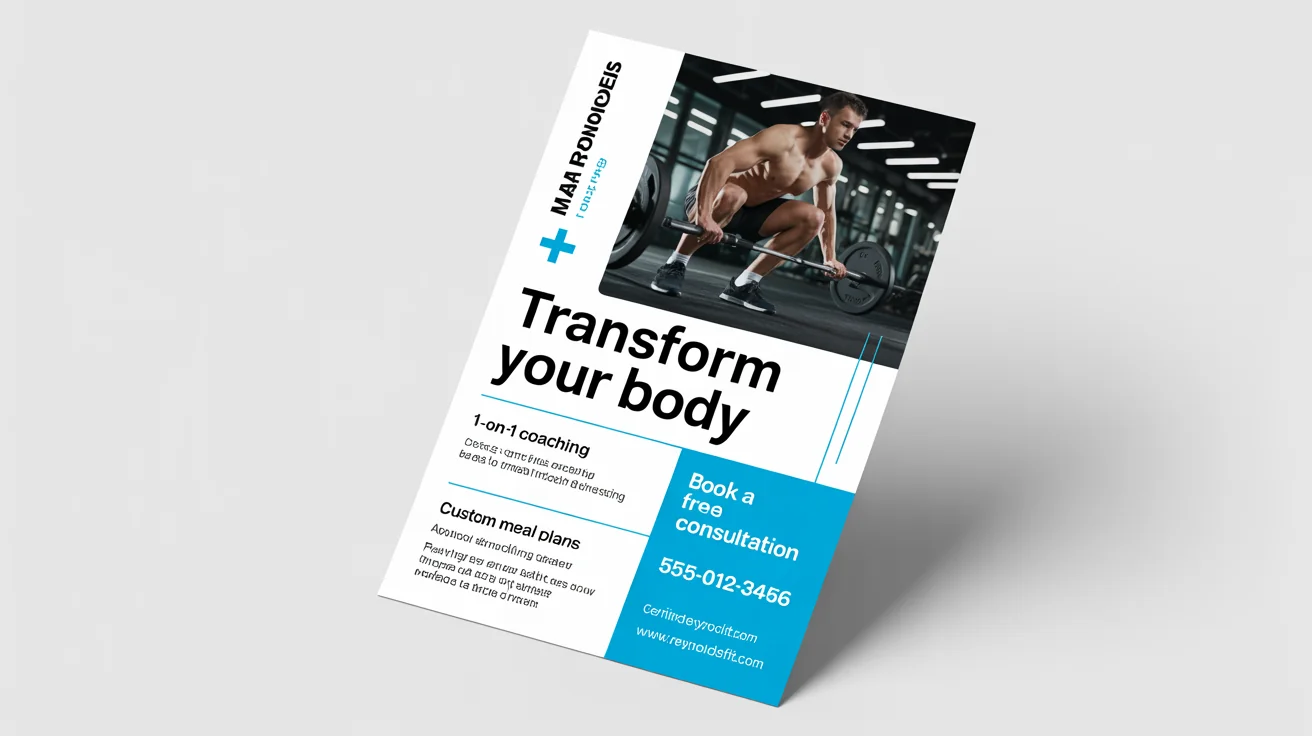 A professional mockup of a personal trainer flyer against a white background. The flyer features a fit man exercising and includes the text 'TRANSFORM YOUR BODY' and contact details for a free consultation.
