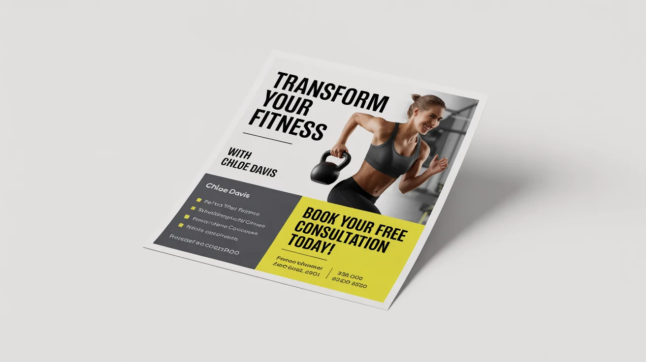 A professional personal trainer flyer mockup for 'CHLOE DAVIS'. It features a dynamic photo of a trainer exercising and bold text reading 'TRANSFORM YOUR FITNESS' with contact information for a free consultation.
