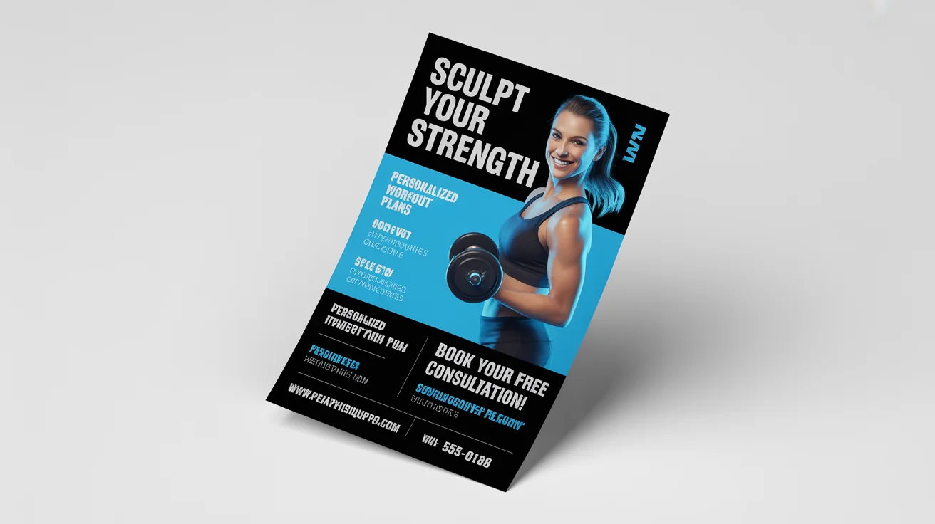 A professional mockup of a personal trainer flyer on a white background, featuring a photo of a female trainer, a bold headline, and contact information for booking a consultation.