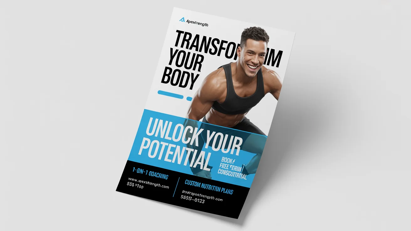 A professional mockup of a personal trainer flyer against a white background. The flyer features a photo of a smiling trainer and text that reads 'TRANSFORM YOUR BODY' and 'UNLOCK YOUR POTENTIAL'.