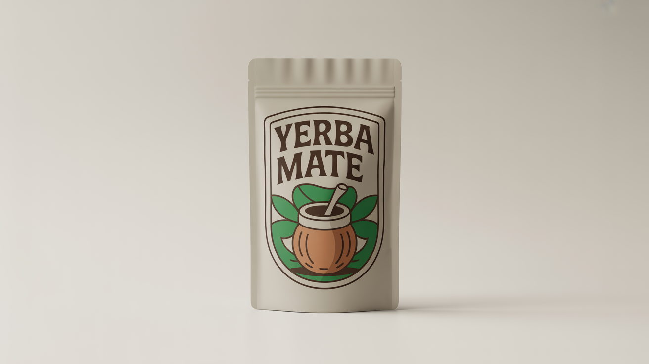 A professional hero image showing the final design of a yerba mate logo on a product pouch. The circular logo features a gourd, bombilla, and the text 'YERBA MATE' in a polished, modern presentation.