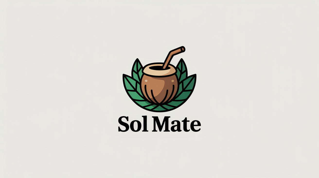 A modern logo mockup for a yerba mate brand named 'Sol Mate', featuring a stylized gourd and leaves in a circular design on a white background.