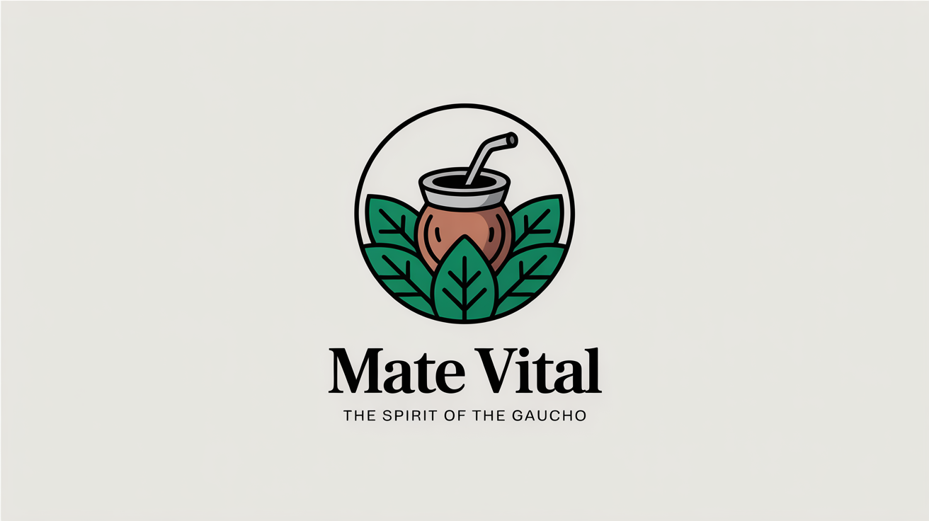 A modern logo for a yerba mate brand named 'MATE VITAL', featuring a stylized gourd and bombilla surrounded by leaves, displayed on a clean white background.