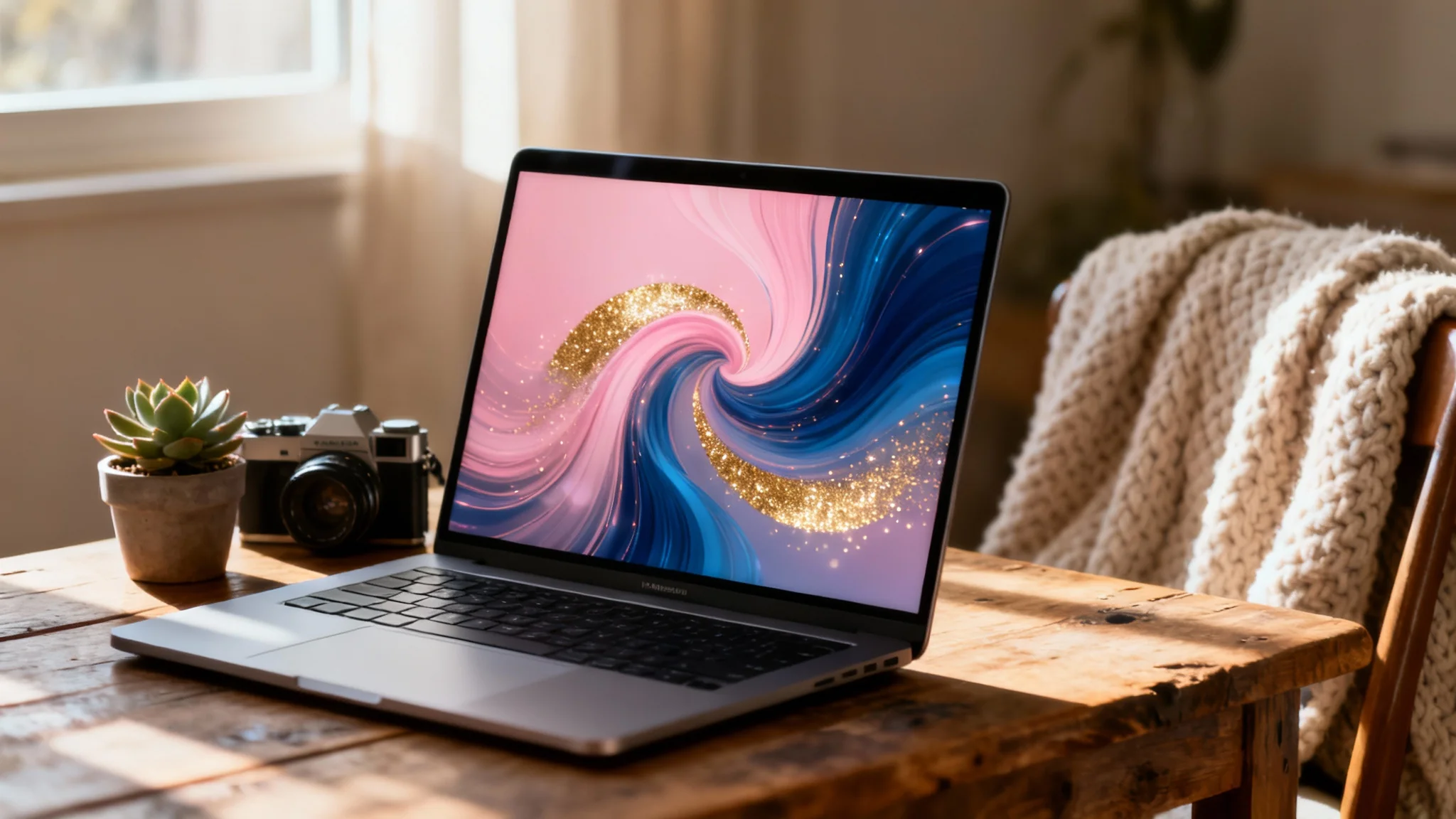 A modern laptop on a wooden desk displaying a beautiful abstract wallpaper with pink, blue, and gold swirls. The cozy workspace includes a succulent and a vintage camera.