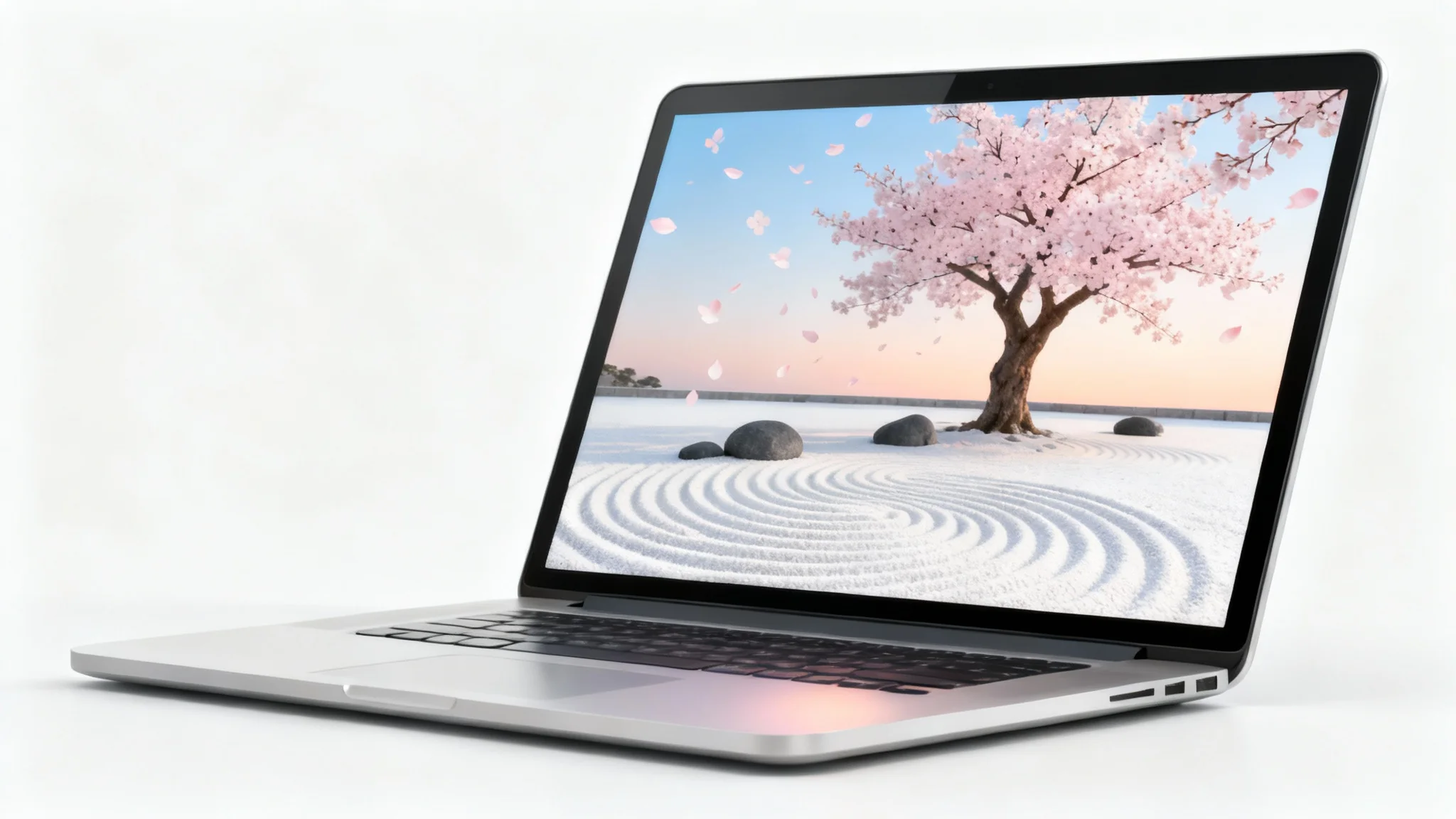 A mockup of a modern silver laptop displaying an aesthetic wallpaper of a Japanese Zen garden with a cherry blossom tree, set against a plain white background.