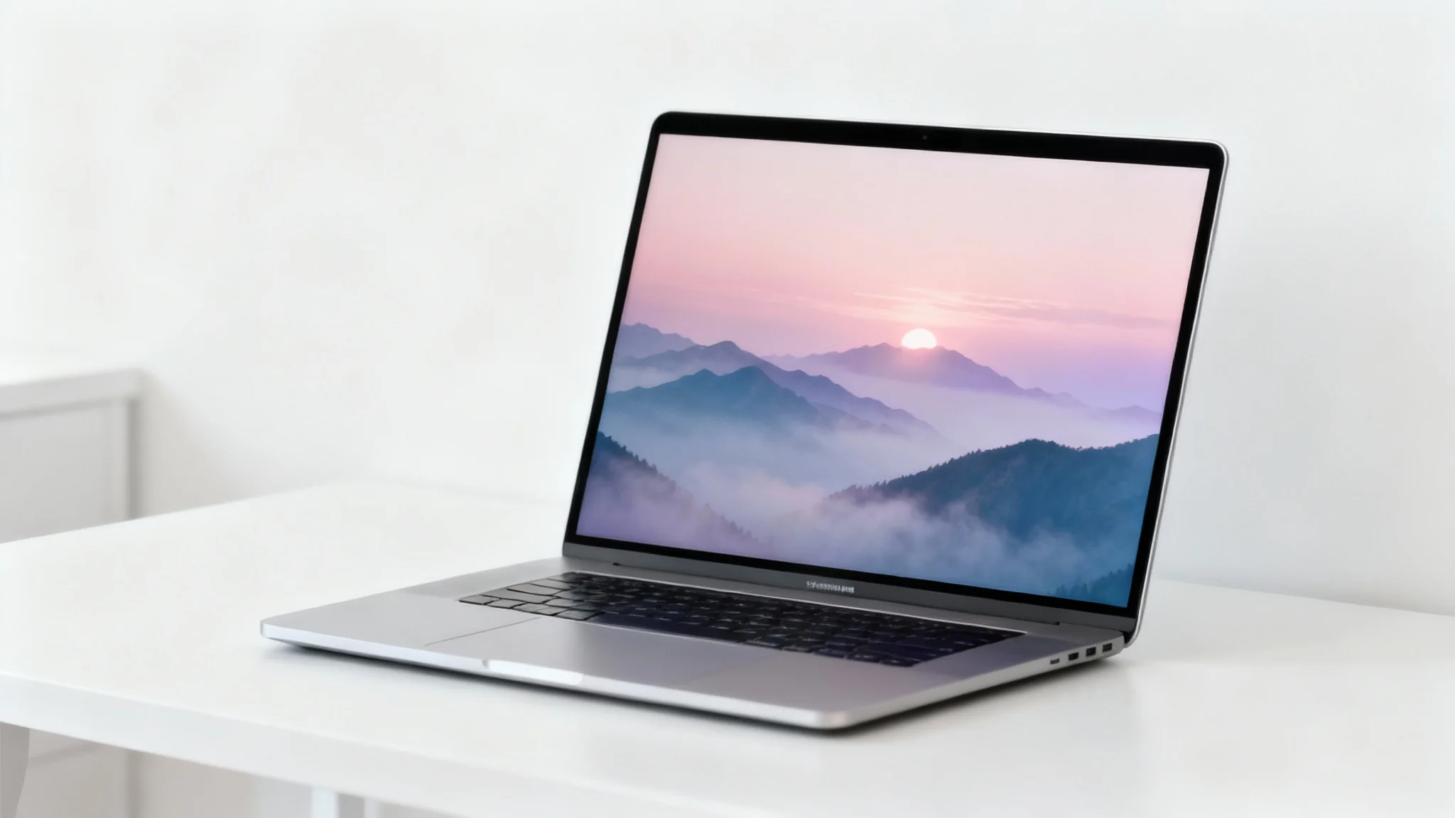 A modern silver laptop on a white desk, displaying a beautiful aesthetic wallpaper of a misty mountain range in soft pastel colors.