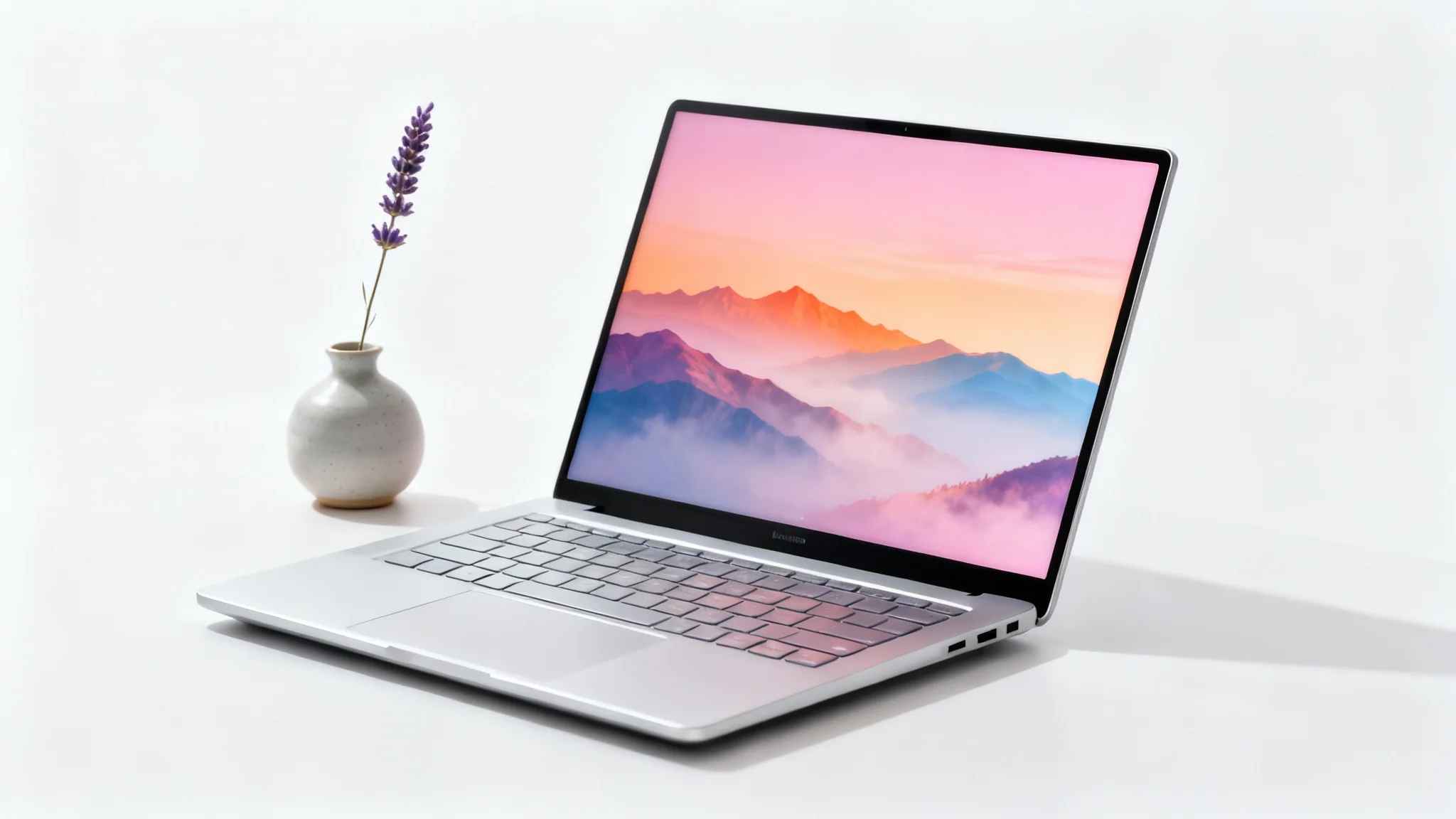 A photorealistic image of a sleek, modern laptop displaying an aesthetic wallpaper of a pastel mountain sunrise, placed on a clean surface against a white background.