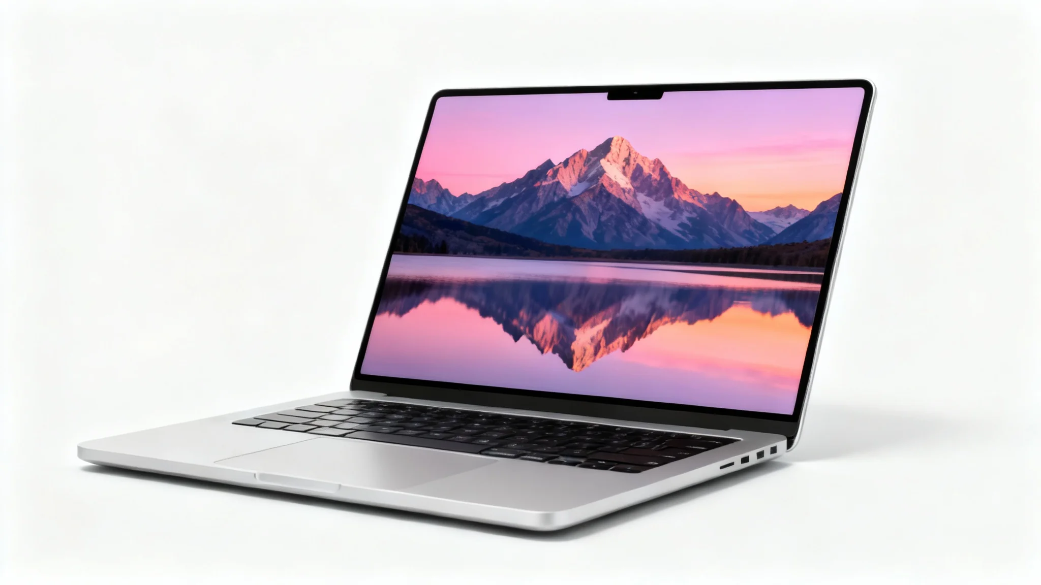 A photorealistic mockup of a modern silver laptop on a white background, displaying an aesthetic wallpaper of a mountain range reflected in a calm lake at dawn.