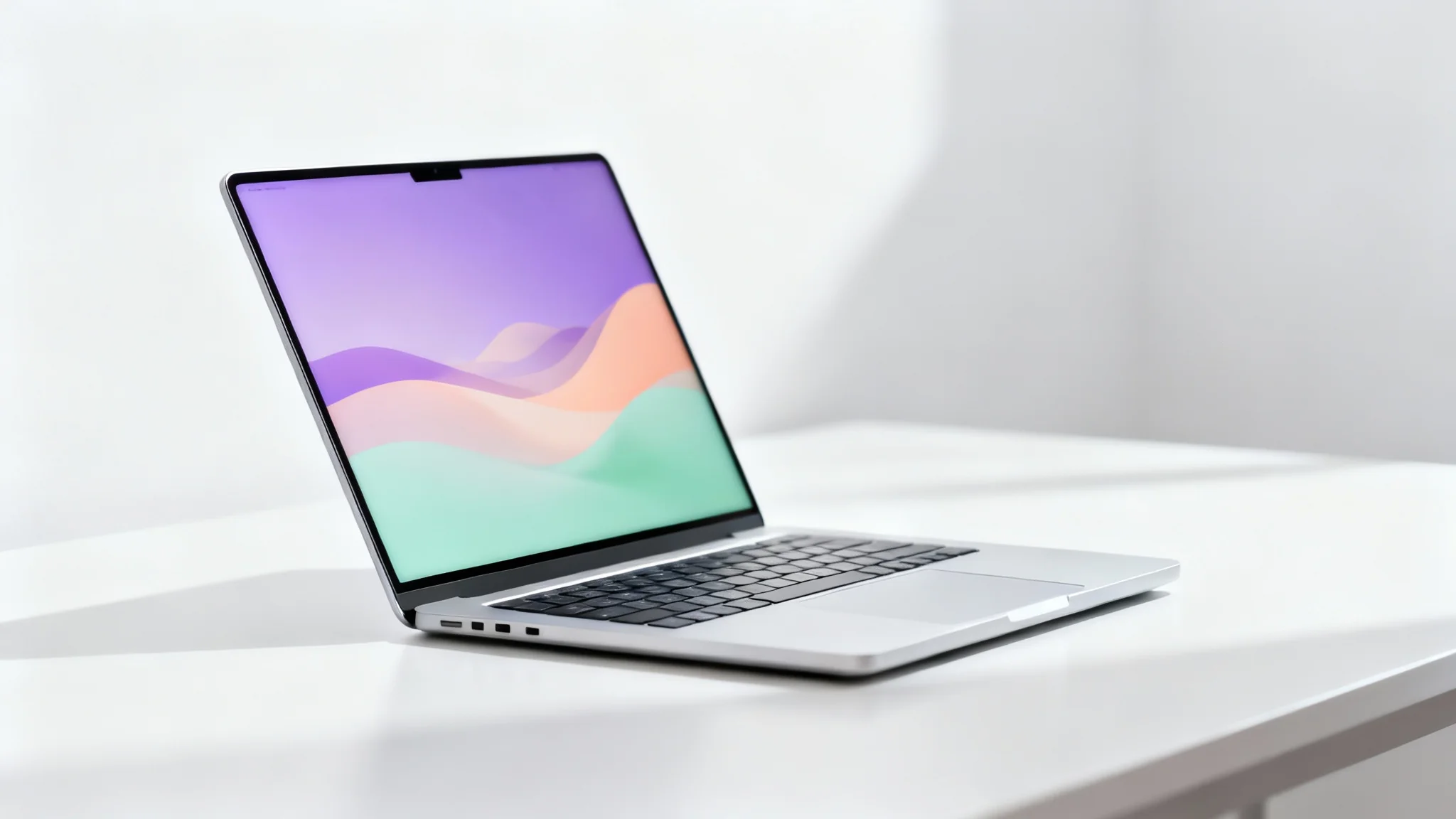 A modern silver laptop open on a white desk, displaying a beautiful aesthetic wallpaper with soft pastel gradients.
