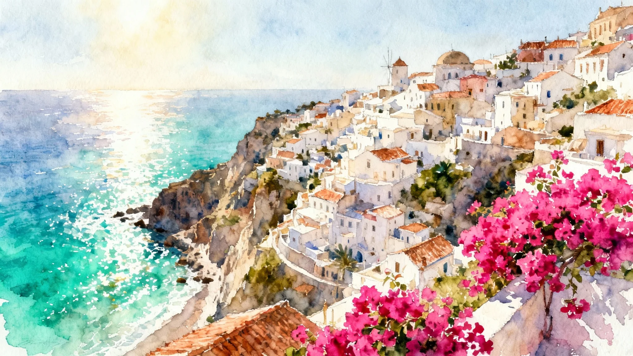 A vibrant and detailed watercolor painting of a sunny coastal town, demonstrating the high-quality final result of an artistic filter or tool.