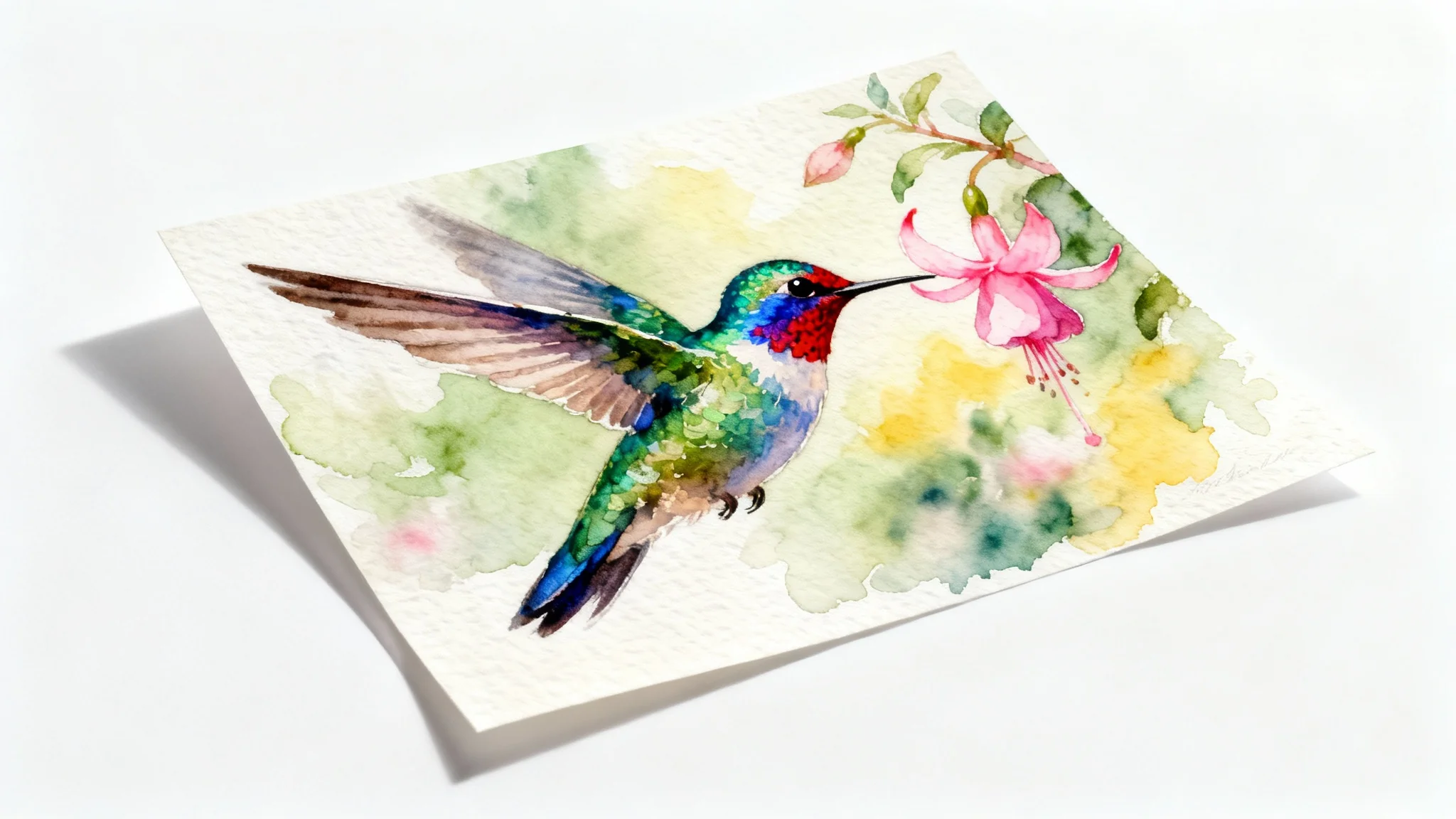 A beautiful watercolor painting of a colorful hummingbird feeding from a pink flower, presented as a mockup on a clean white background.